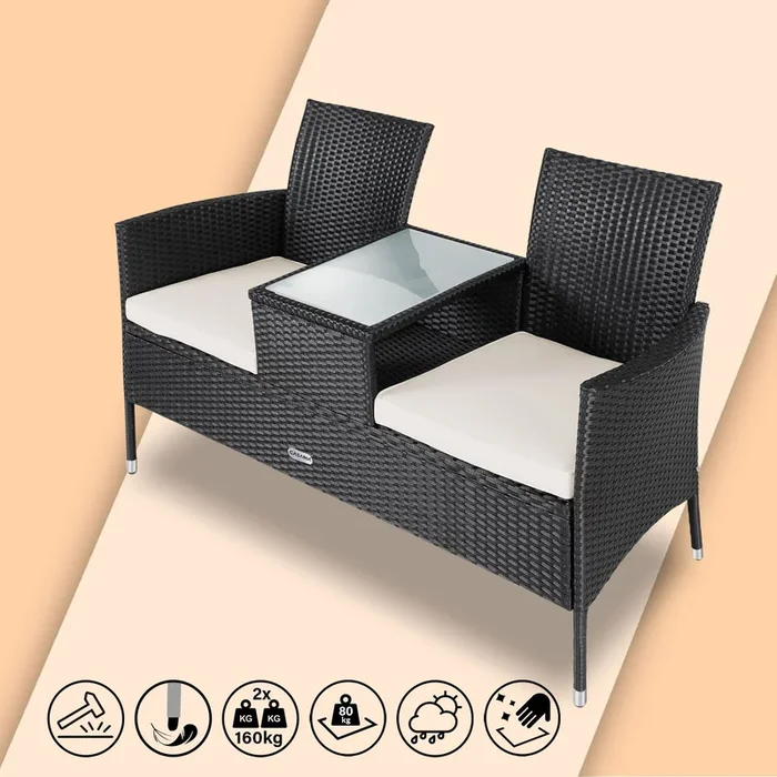 Banco jardín poliratán negro 143x64x87cm 2 personas