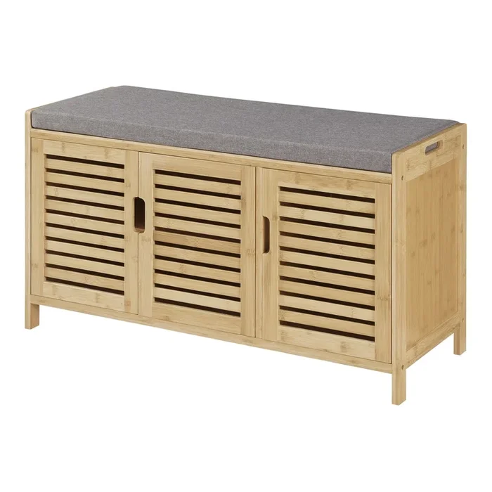 Banco Zapatero Selk con estante inferior y puertas bambú tela 50 x 90 x 35 cm Gris y Color natural [en.casa]