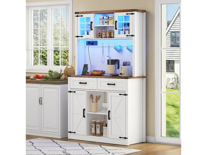Barra de buffet con LED y enchufes – Gabinete de cocina grande con 2 cajones, puertas estilo granero y estantes ajustables – Barra rústica blanca