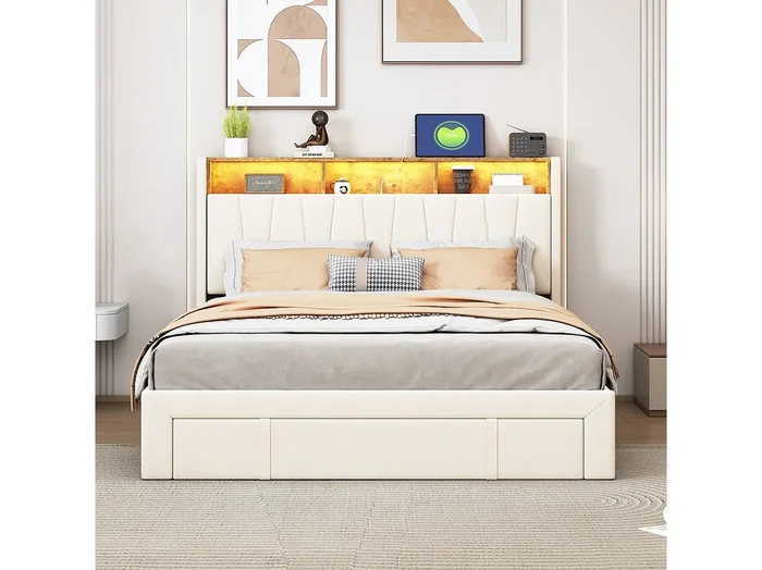Base de cama de 160 x 200 cm con LED y USB, tipo C, tapizada, cama doble con 4 cajones, terciopelo, beige