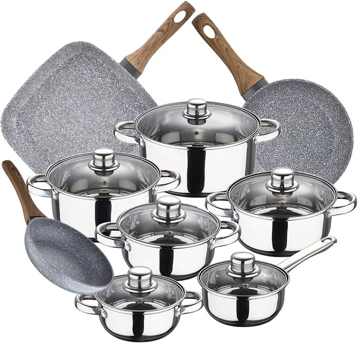 Bateria de cocina 12 piezas Cassel en acero inoxidable con juego de sartenes (18/22 cm) y grill 28×28 cm Daimiel en aluminio f