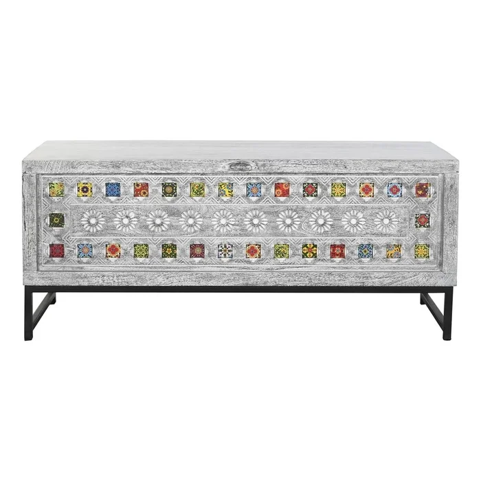 Baúl DKD Home Decor Cerámica Gris Blanco Madera de mango (116 x 40 x 50 cm)