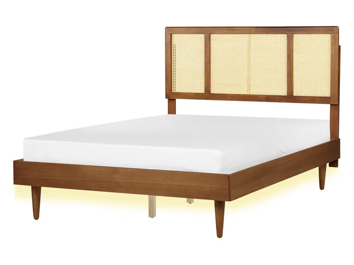 Bed with LED Rattan AURAY 140 x 200 cm (EU Double) Brown