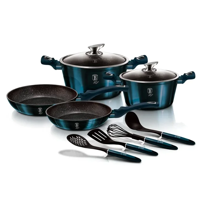 Berlinger Haus Aquamarine Batería Cocina Inducción 10 Piezas, Antiadherente Mármol sin PFOA, Aluminio, Cazuelas Sartenes, , Azul Marino