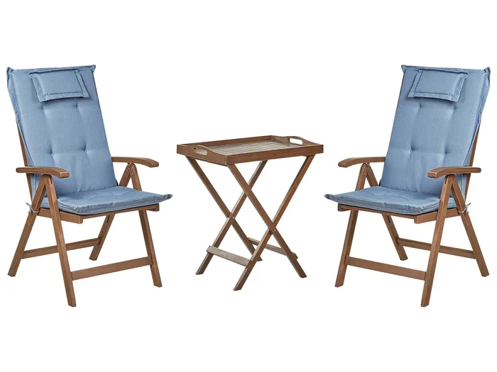 Bistro Set with Cushions Folding AMANTEA Acacia Wood Blue