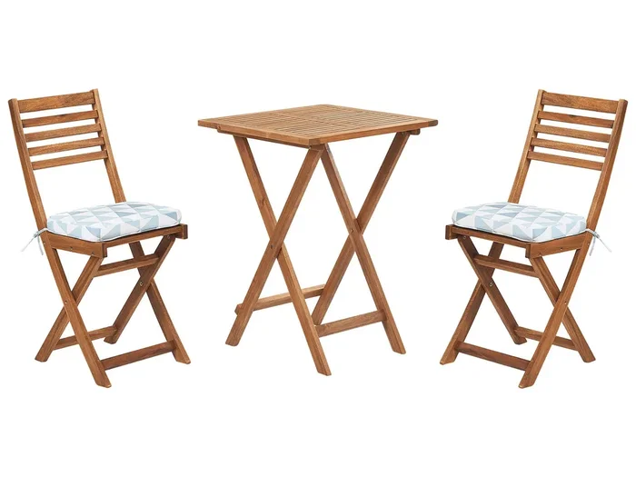 Bistro Set with Cushions Folding FIJI Acacia Wood Blue