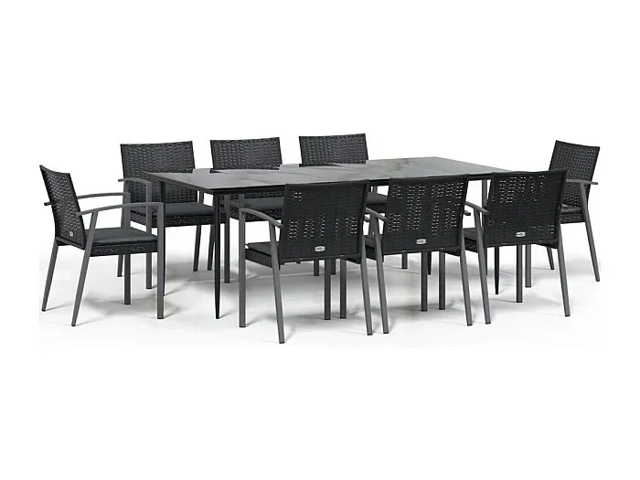 Bucyrus Juego comedor jardín 9 piezas y cojines ratán sintético y acero