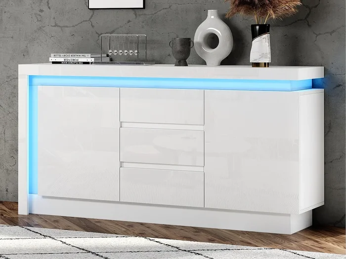 Buffet brillante 140×35×72 cm – 2 puertas y 3 cajones – con iluminación LED – con estantes regulables – blanco