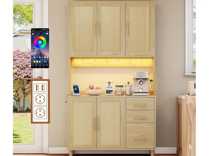 Buffet de cocina 100×40×183 cm – con USB y enchufe – con LED – 5 puertas y 3 cajones – natural