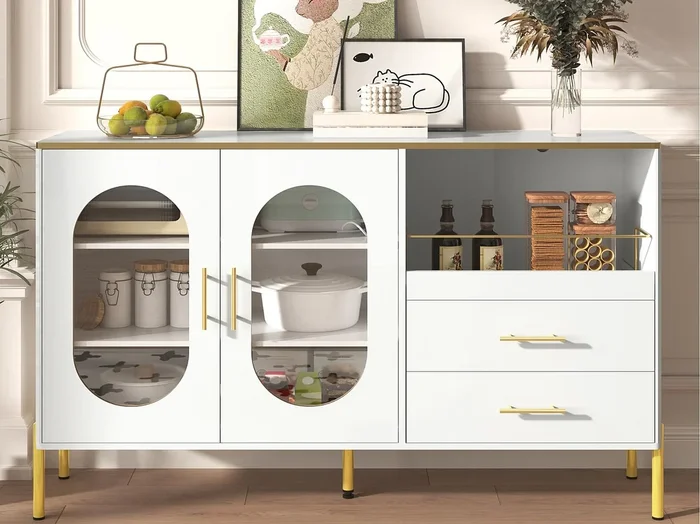 Buffet moderno 140×38×90 cm – con 2 cajones – con 2 puertas de vidrio – blanco