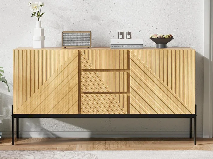 Buffet moderno 150×40×75 cm – con 2 puertas y 3 cajones – patas de metal – panel de partículas – natural
