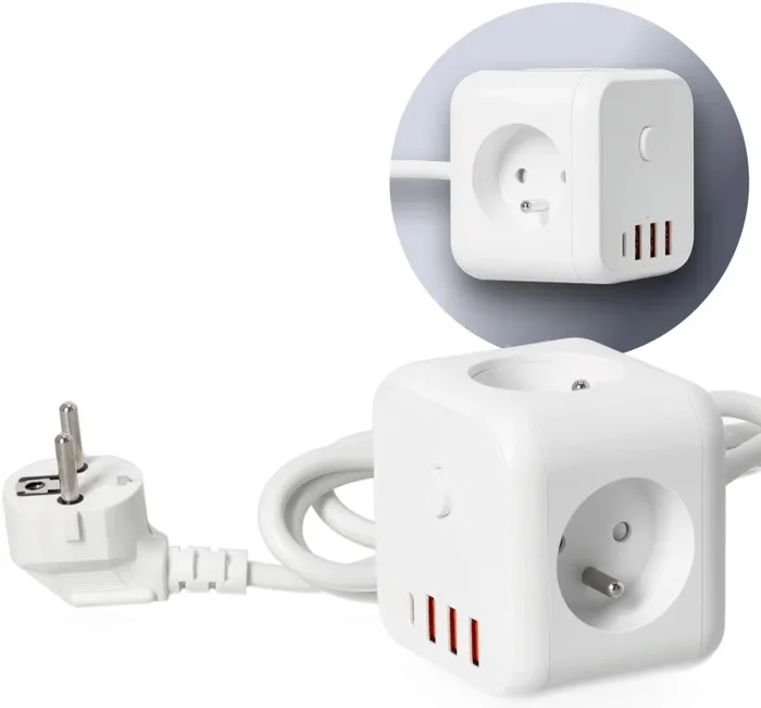 Cable de extensión cubo con interruptor LINEA 3x230V + 4xUSB A/C blanco