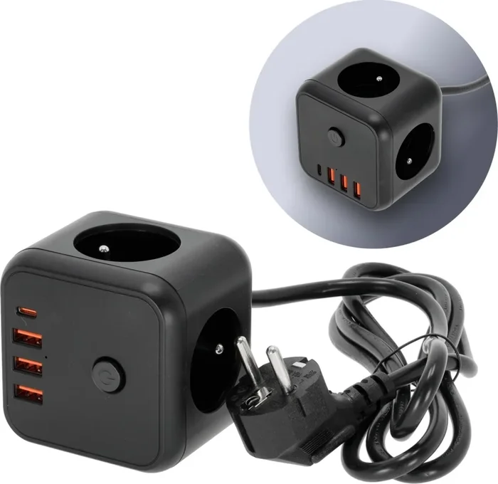 Cable de extensión cubo con interruptor LINEA 3x230V + 4xUSB A/C negro