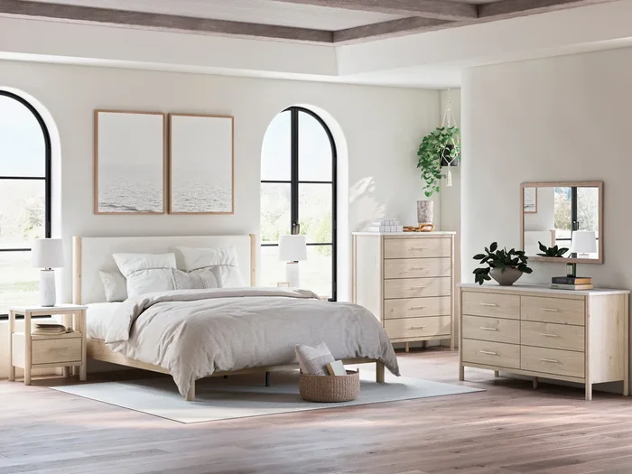 Cadmori Tan/Beige Upholstered Platform Bedroom Set