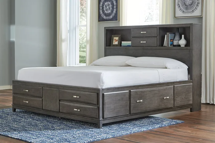Caitbrook Gray King Bookcase Storage Platform Bed