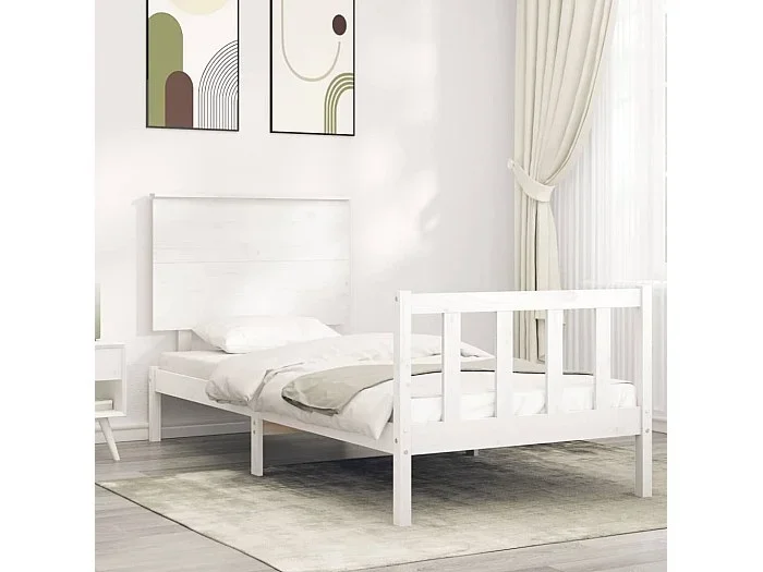 Cama -100×200 cm con cabecero madera maciza blanco YOE79362