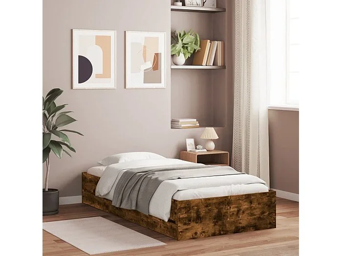 Cama -100×200 cm con cajones madera de ingeniería roble ahumado YOE78270