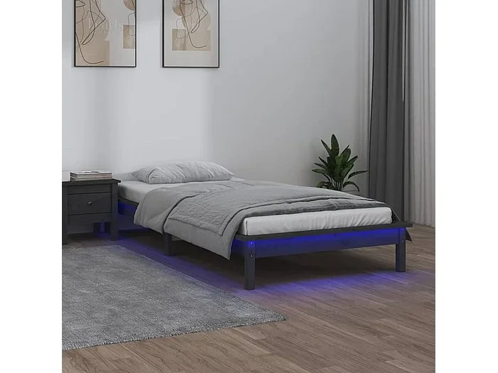 Cama 100×200 cm con LED madera maciza gris ES49466