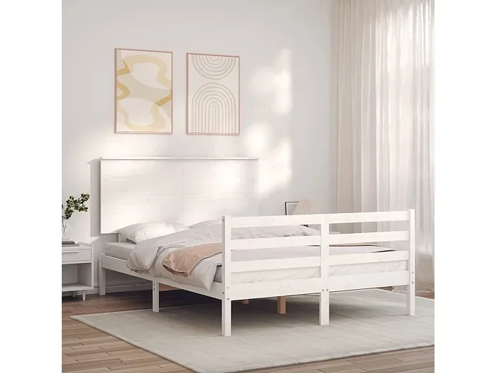 Cama -120×190 cm de matrimonio con cabecero madera maciza blanco YOE
