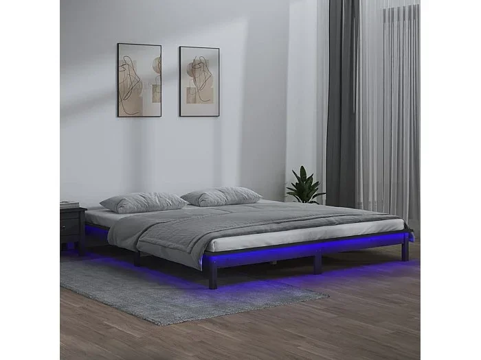 Cama 120×190 cm doble con LED madera maciza gris ES55962