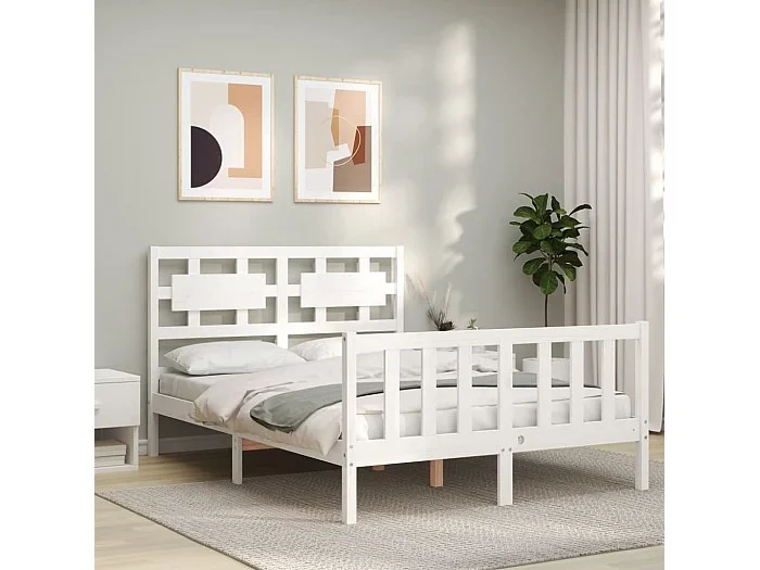 Cama 120×200 cm con cabecero madera maciza blanco ES29929