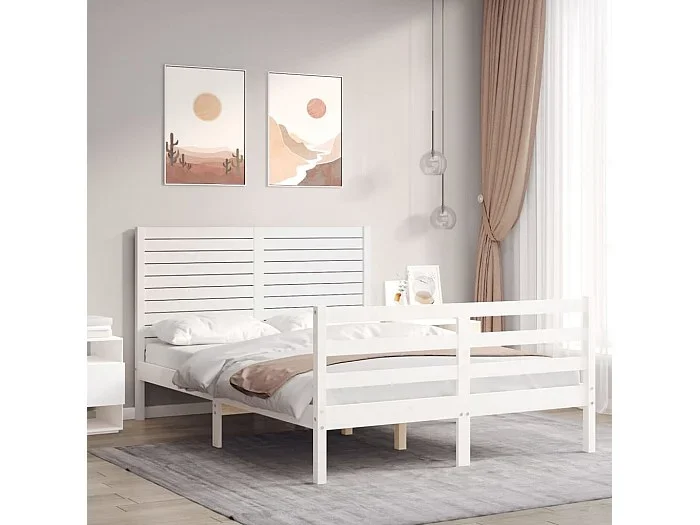 Cama 135×190 cm de matrimonio con cabecero madera maciza blanco ES97299
