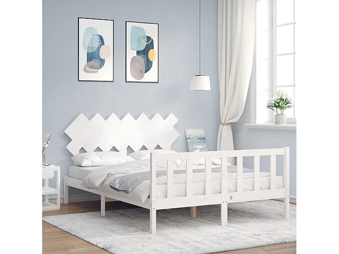 Cama 140×200 cm con cabecero madera maciza blanco ES66541