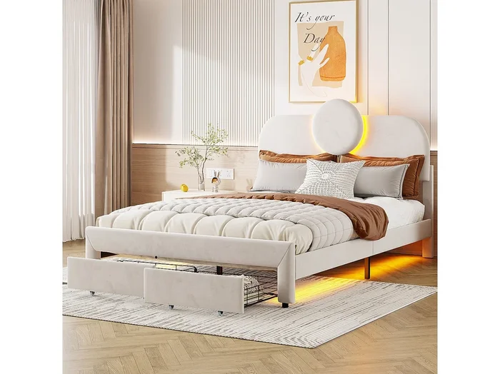 Cama 140×200 cm con LED y 2 cajones, cama de matrimonio 140×200 cm con somier de láminas, tejido terciopelo, beige