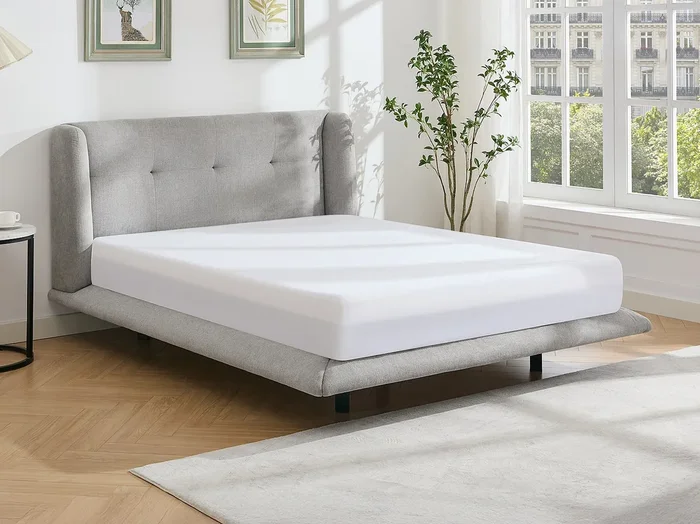 Cama 140 x 190 cm con cabecero capitoné – Tela – Gris claro – PENAVI