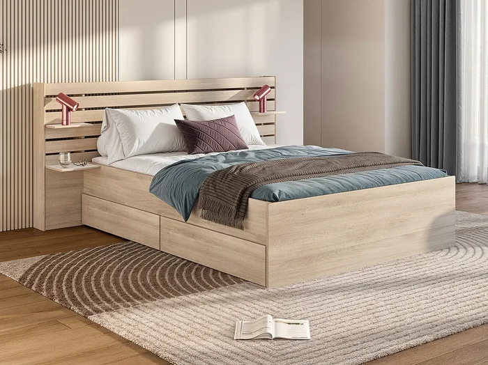 Cama 140 x 190 cm con compartimentos – Color natural + Somier – TENALIA