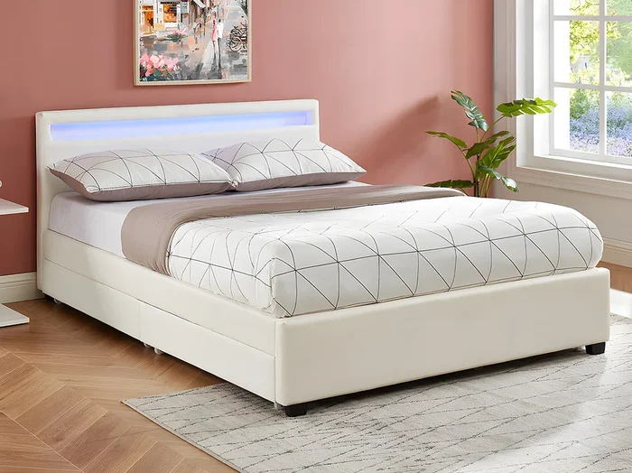Cama 140x190cm con compartimentos – Piel sintética blanca con LEDs – ALOIS