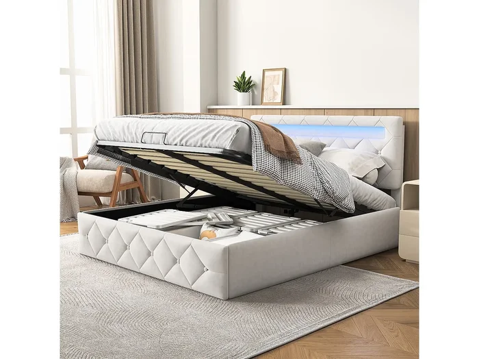 Cama 140x200cm con LED – Somier de láminas – Gran espacio de almacenaje – Beige