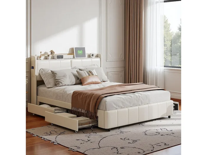 Cama 160×200 cm con somier de láminas, con 4 cajones de almacenaje y carga USB, PU, Blanco