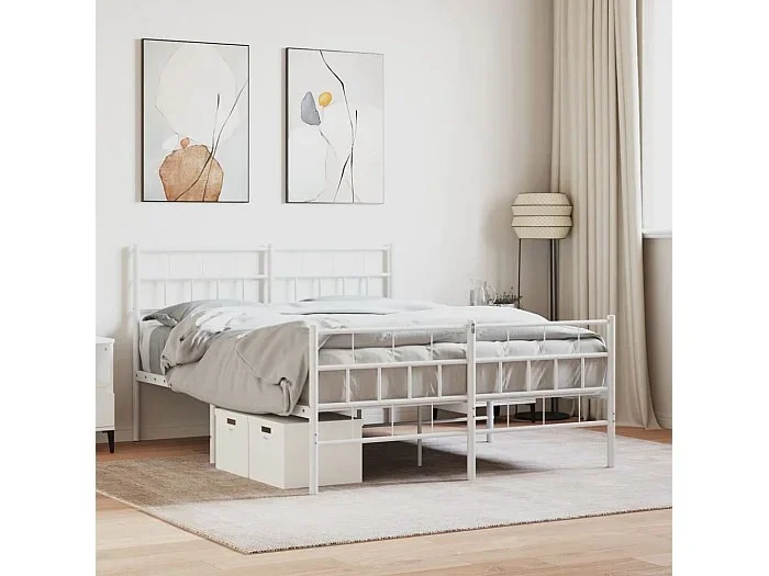 Cama 160×200 cm metal con cabecero y estribo blanco ES55038