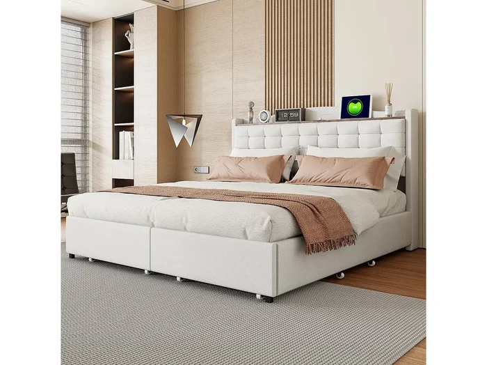 Cama 160 x 200 cm con almacenaje y toma USB – Estructura con 4 cajones y somier de láminas, Beige