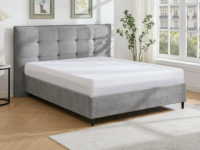 Cama 160 x 200 cm con cabecero capitoné – Tela – Gris + Colchón – NIRPIO