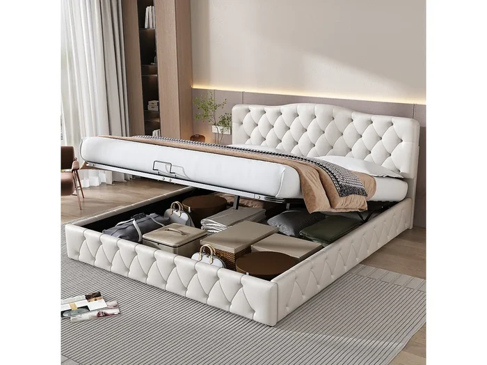 Cama 180×200 cm PU blanca con cabecero regulable y canapé, somier de láminas, adulto y adolescente