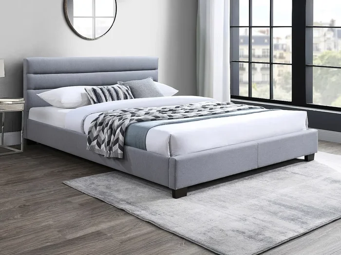 Cama 180 x 200 cm – Tela – Gris + Colchón – FAUSTIN