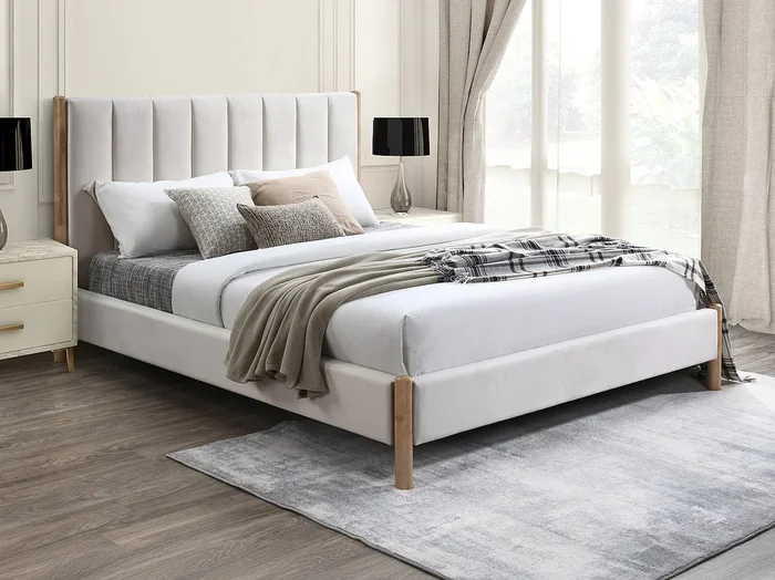 Cama 180 x 200 cm con cabecero de costuras verticales – Terciopelo – Marfil – SIZAMA