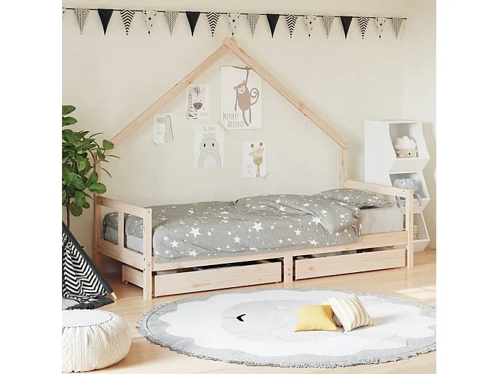Cama 80×200 cm para niños con cajones madera pino ES12839