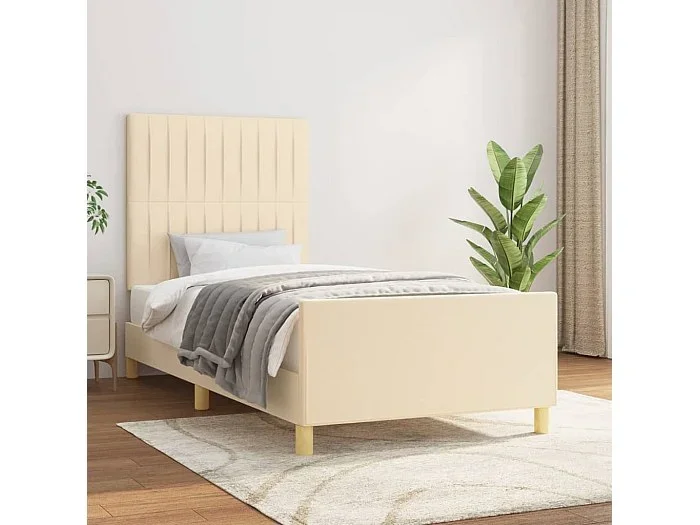 Cama 90×190 cm con cabecero de tela color crema ES78011