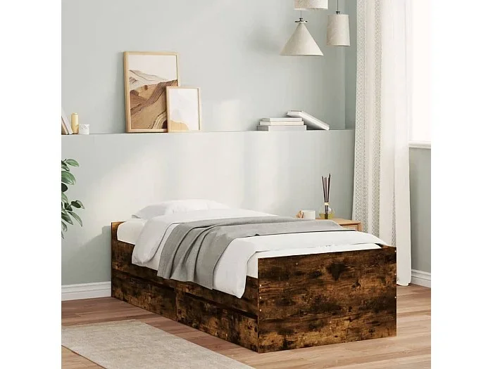 Cama -90×190 cm con cajones roble ahumado YOE53278
