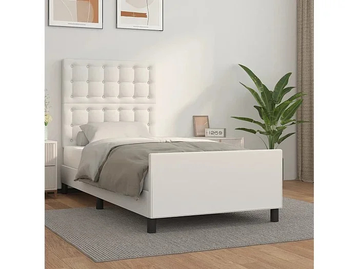 Cama 90×200 cm con cabecero cuero sintético blanco ES94043