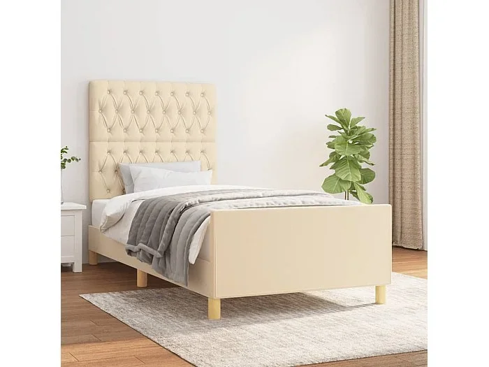 Cama 90×200 cm con cabecero de tela color crema ES95203