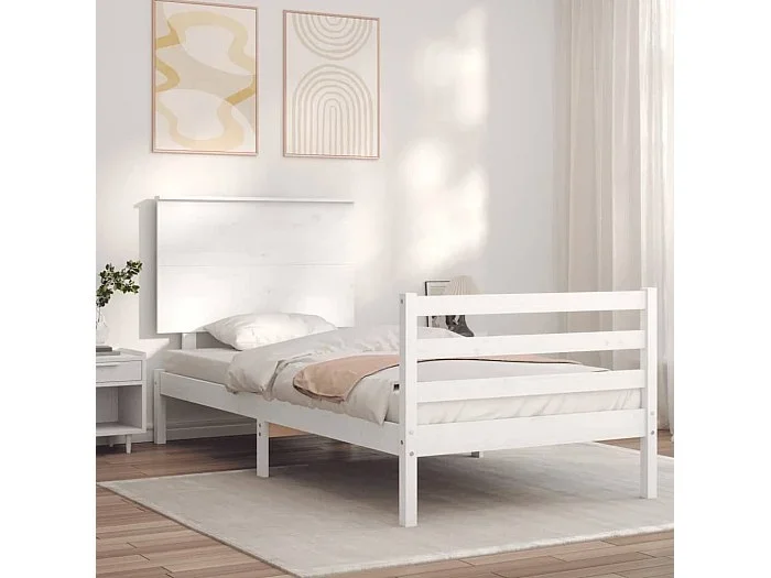Cama 90×200 cm con cabecero madera maciza blanco ES79913