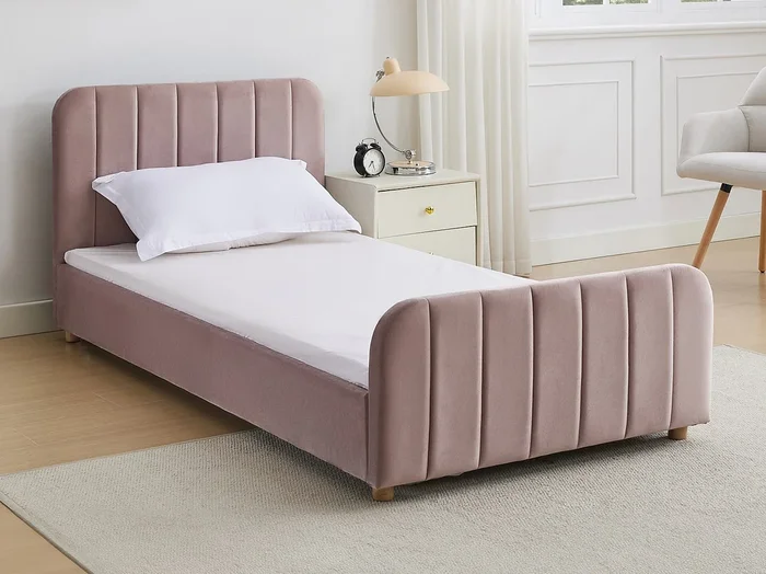 Cama 90 x 190 cm – Terciopelo con costuras – Rosa + Colchón – ROGADI
