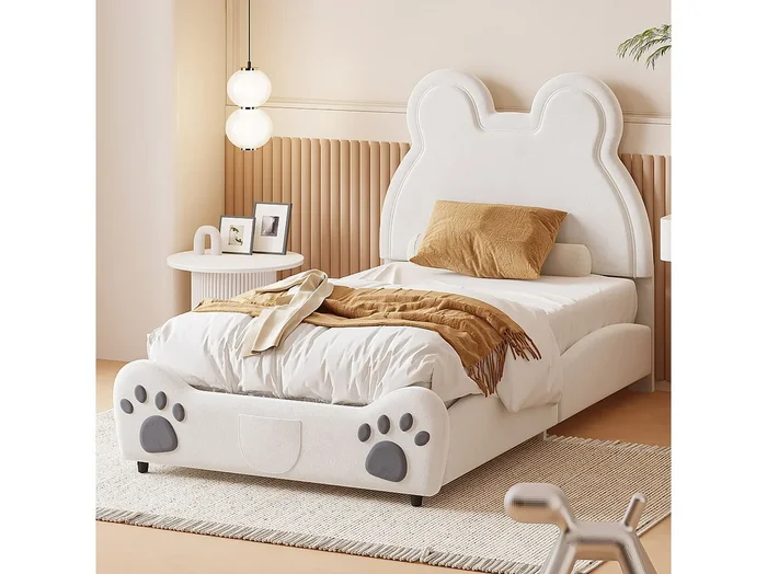 Cama 90x200cm, cama tapizada Beau en forma de oso, cama individual plana de terciopelo con somier de láminas y cabecero, sin colchón, color blanco