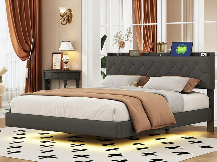 Cama acolchada de lino 160×200 cm – con puerto de carga USB y LED – con somier – Gris