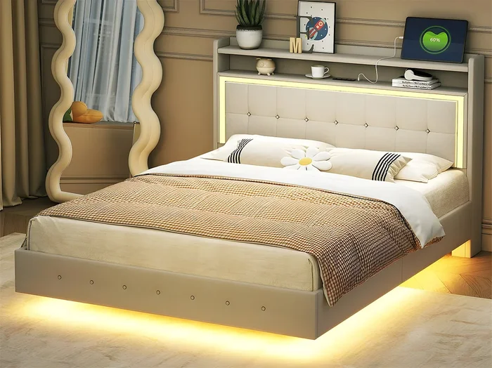 Cama acolchada de tejido de lino 140×200 cm – con toma USB y LED – Beige