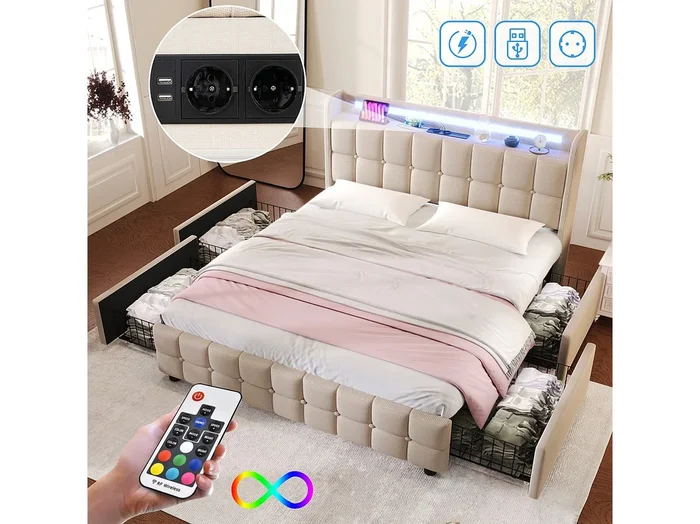 Cama adulta 140×200 cm beige con 4 cajones, puerto USB y luces LED, lino, somier de láminas, sin colchón